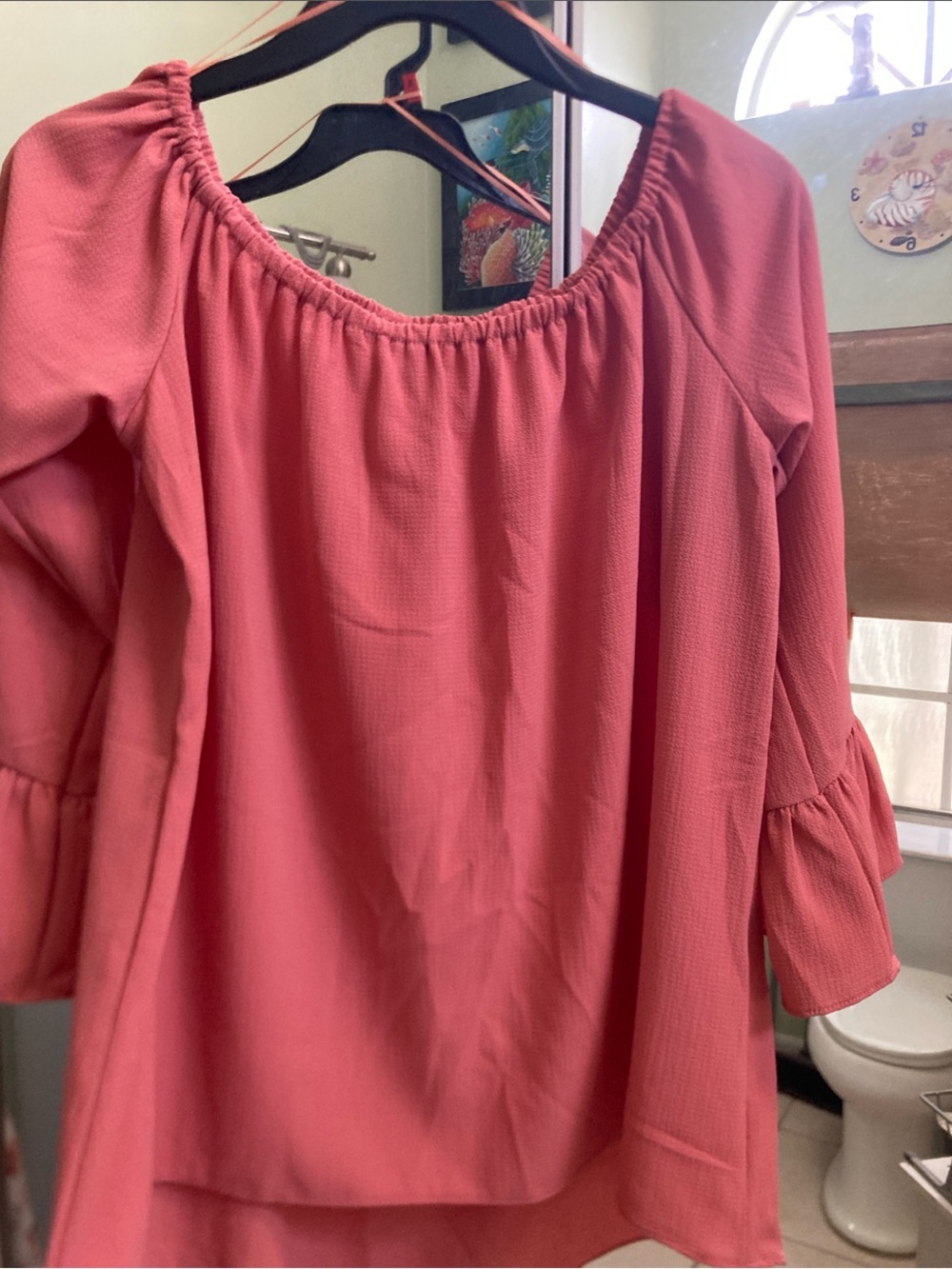 Paper Crane Coral Off-Shoulder Ruffle Sleeve Blouse